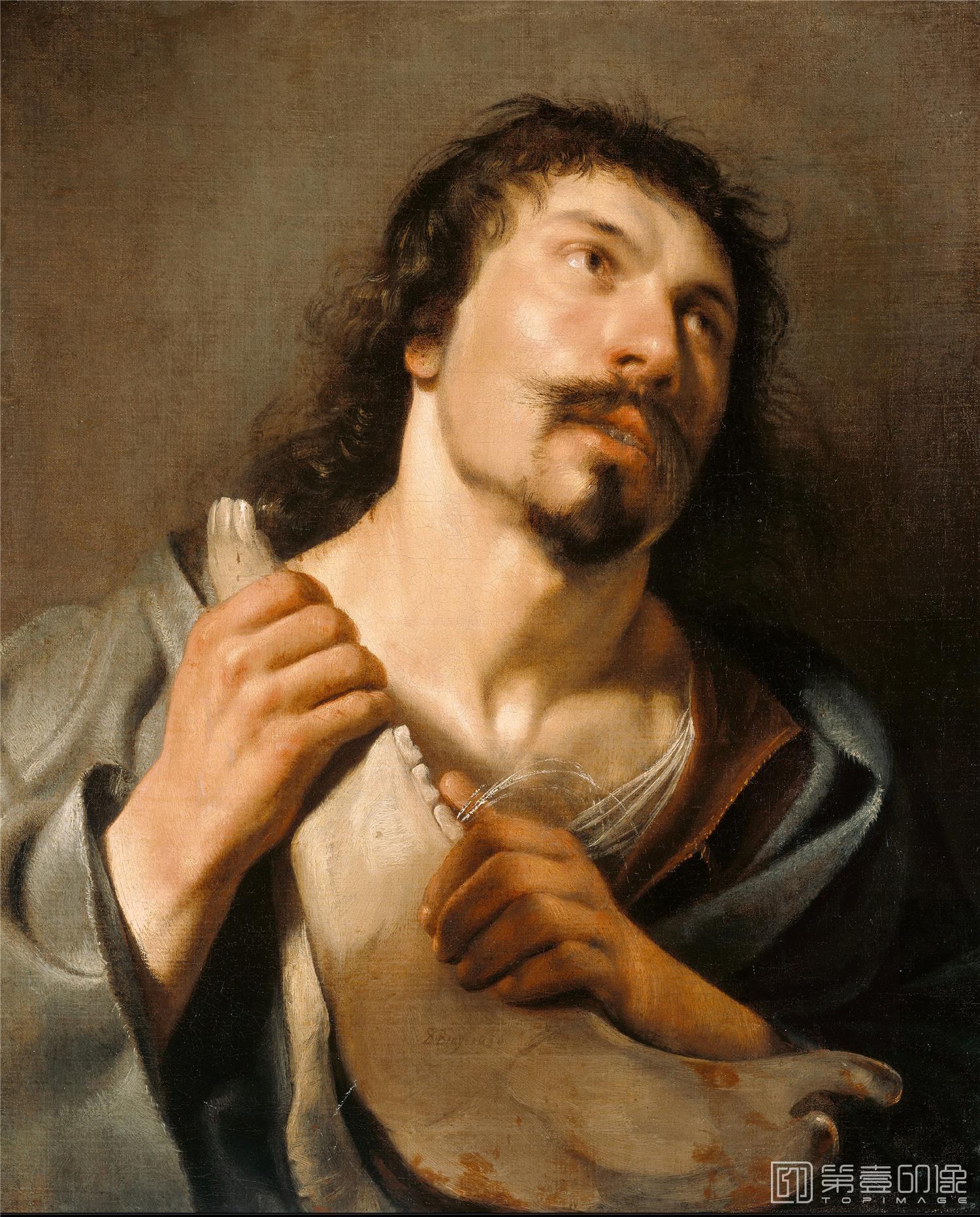 油画-美国洛杉矶保罗盖蒂美术馆-Брай Соломон де (1597 Амстердам - 1664 Харлем) - Самсон с челюстной костью (62х51 см) 1636-035